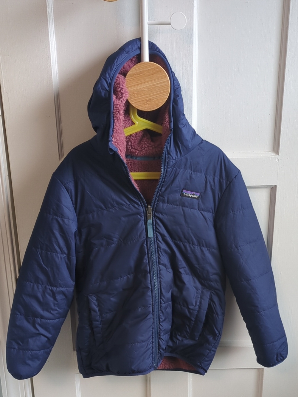 Patagonia Kids Reversible Navy Hooded Puffer Jacket with Sherpa Fleece